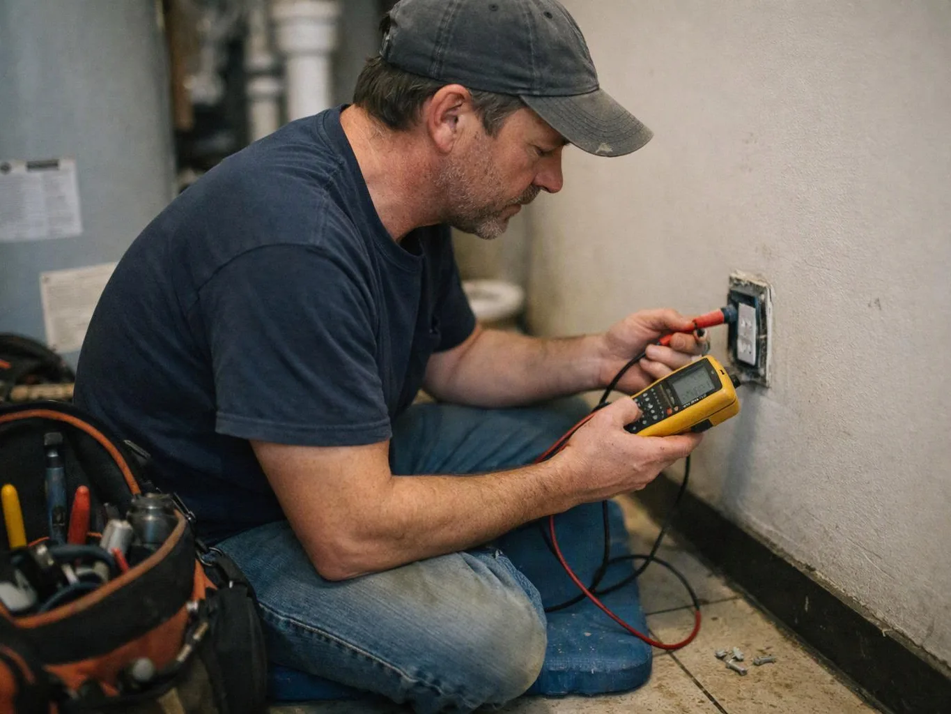 A man kneels by a wall outlet, testing it with a yellow multimeter in a work area