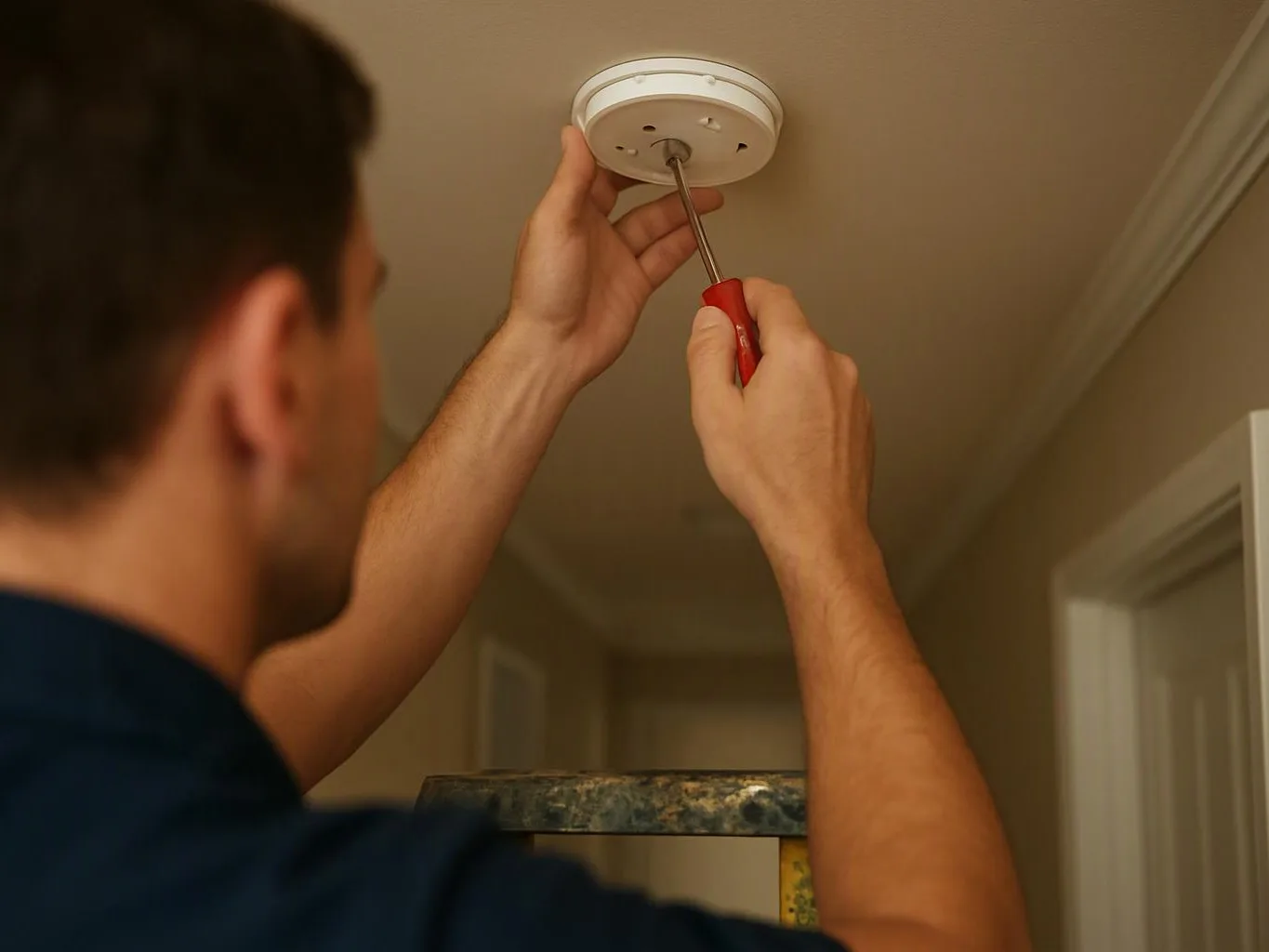 A man on a ladder uses a screwdriver to adjust a ceiling smoke detector in a hallway