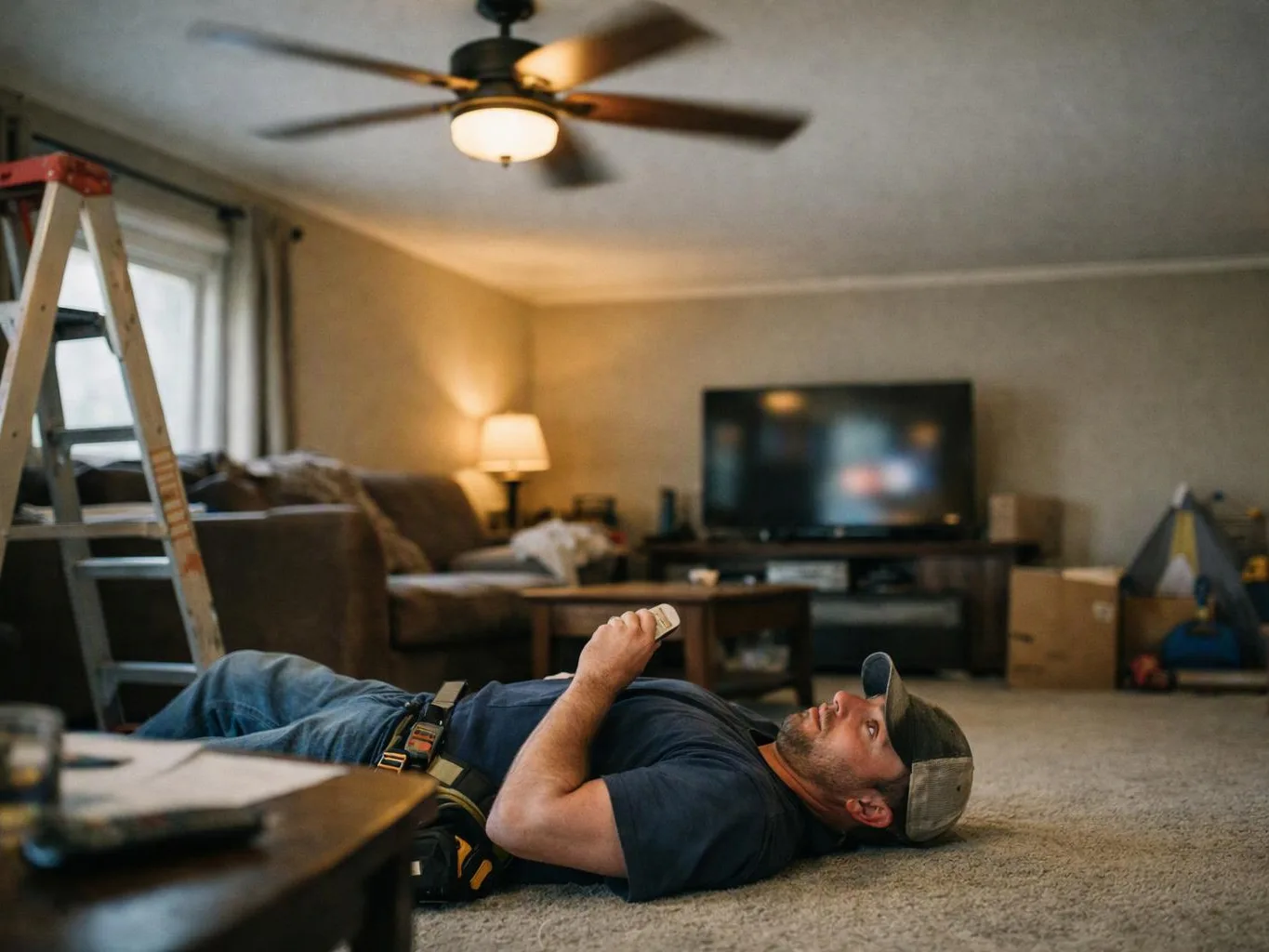 A man lies on carpet holding a remote in a cluttered living room with a ladder, sofa, lamp, and TV