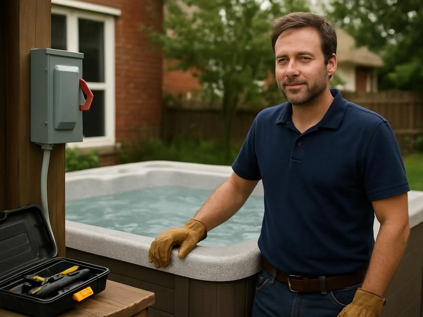 A man in a navy polo stands beside an outdoor hot tub, with tools and an electrical box nearby