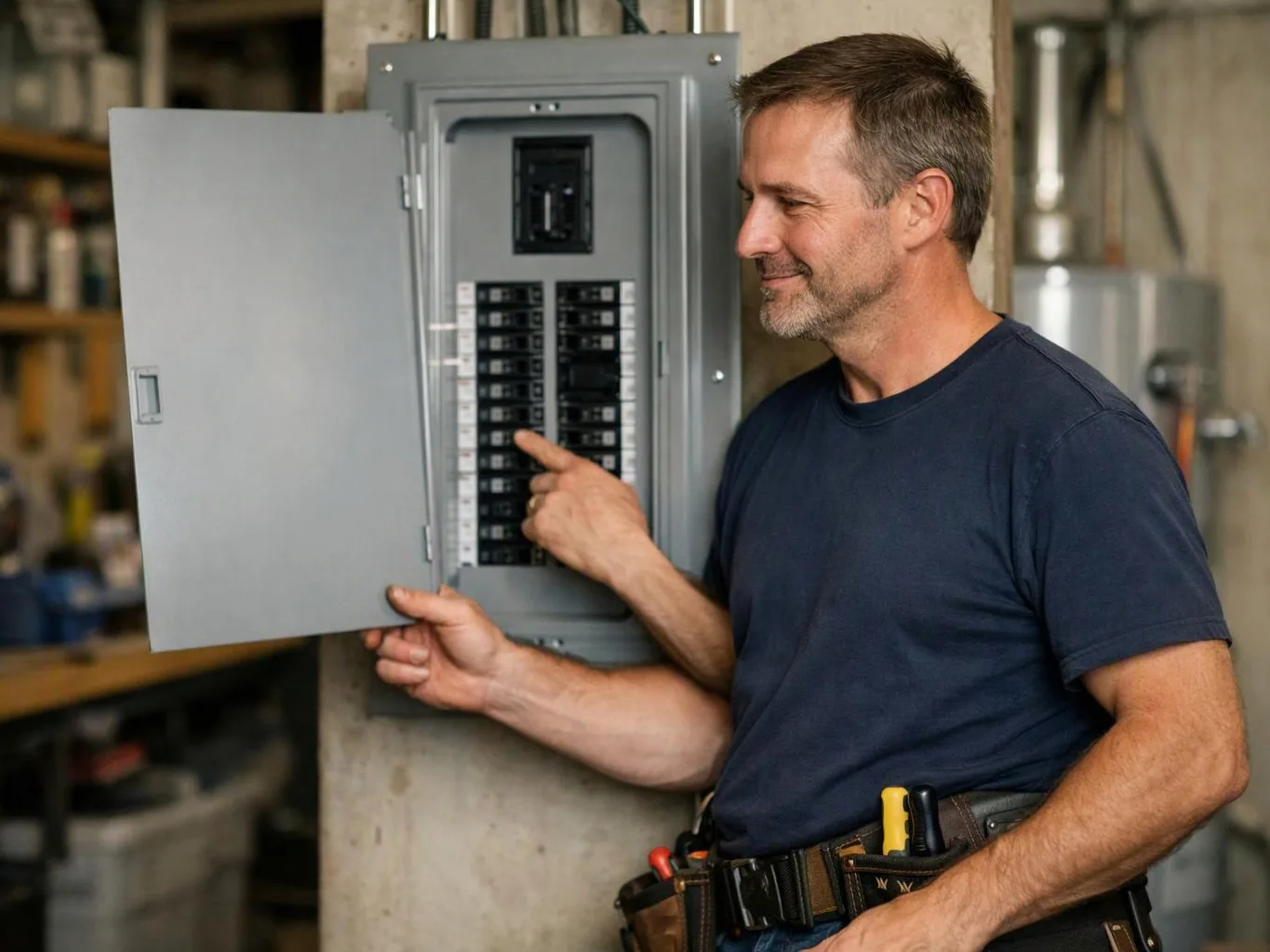 A man in a navy shirt points at an open electrical breaker panel in a workshop