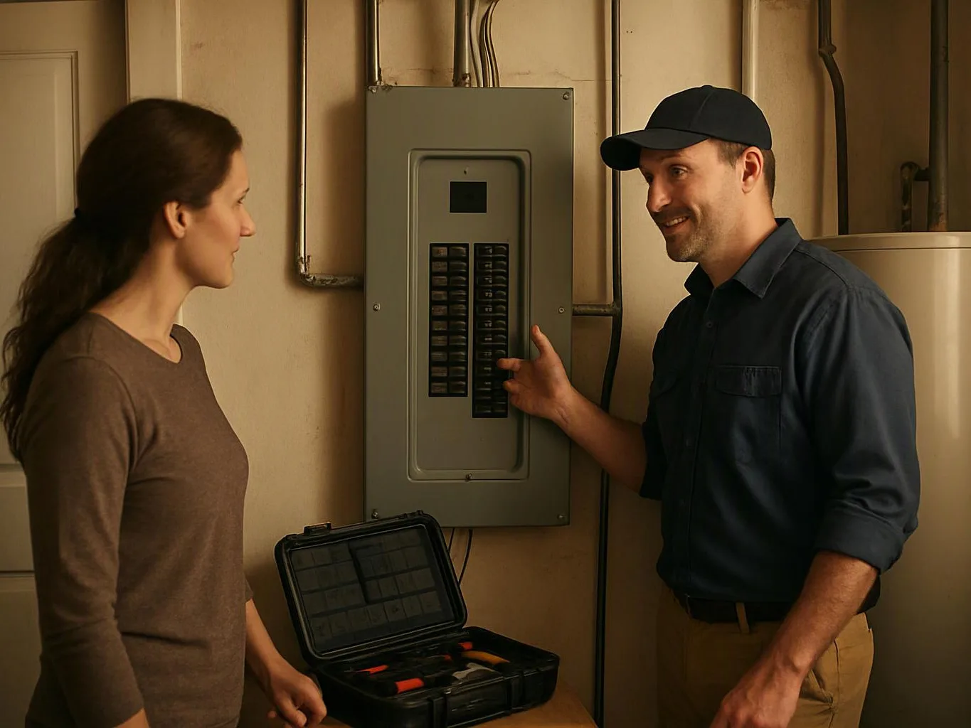 A man points at an electrical breaker panel while a woman listens beside an open tool case in a utility room