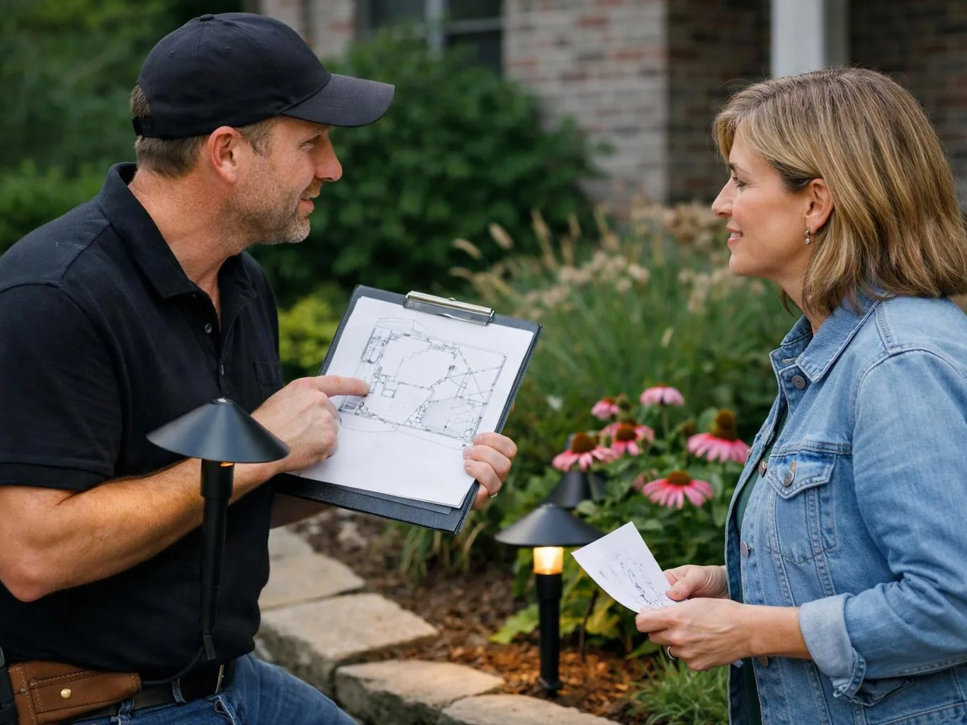 A man shows a clipboard sketch to a woman beside a flower bed and garden lights