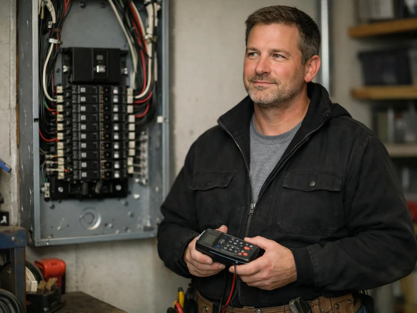 A man stands beside an open electrical panel, holding a handheld meter in a workshop