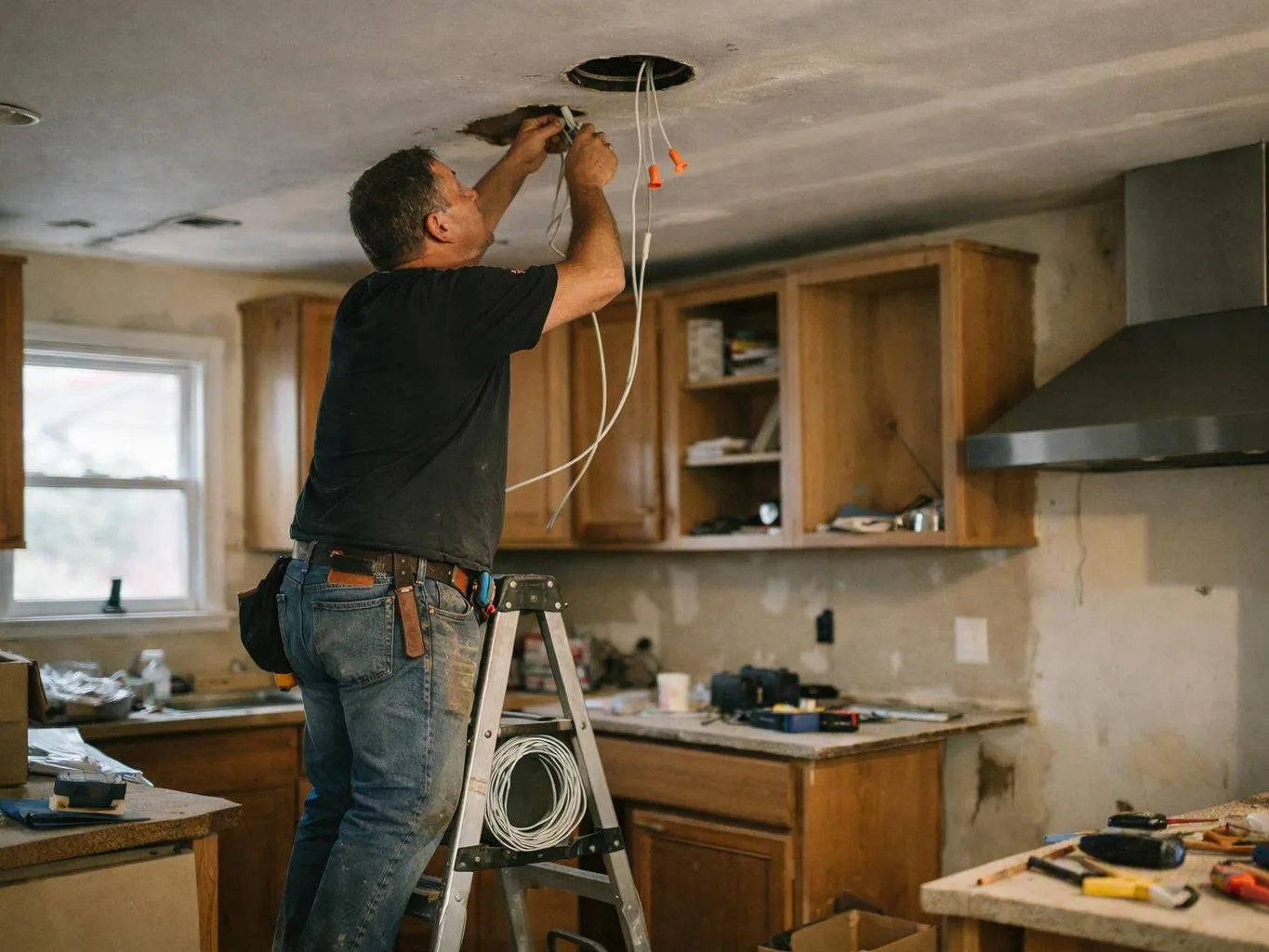 A man stands on a ladder wiring a ceiling opening in a partially remodeled kitchen