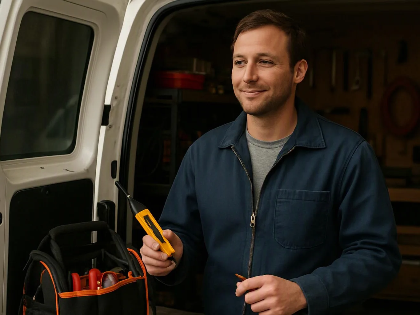 A man stands in a van doorway holding a yellow tool, with a bag of tools beside him