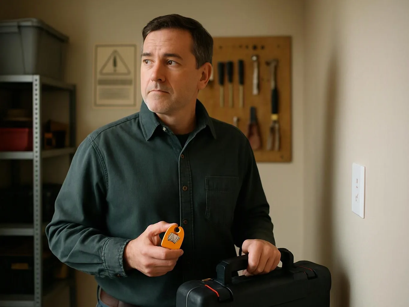 A man stands in a workshop holding an orange tool and a black carrying case, with tools on the wall behind him
