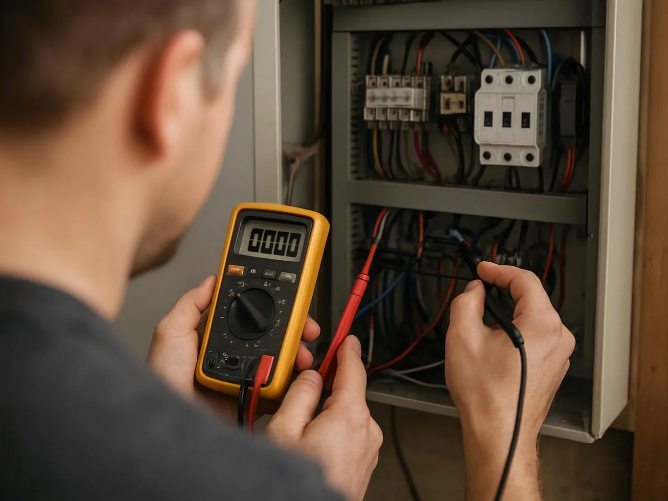 A man tests wiring inside an open electrical panel with a digital multimeter