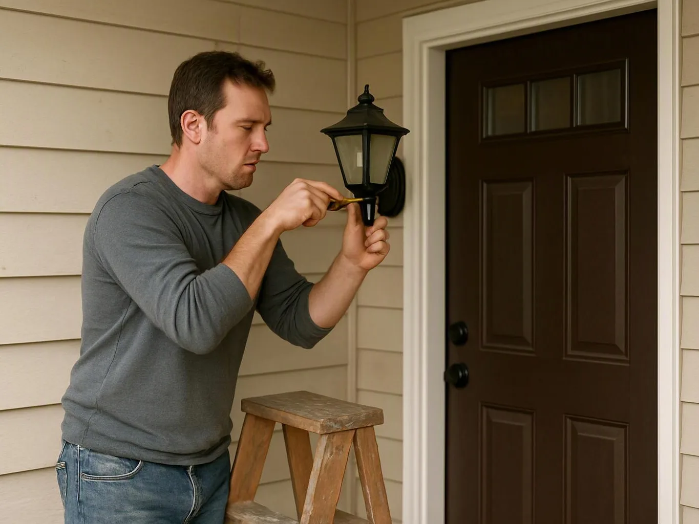 A man tightens an outdoor porch lantern beside a brown front door with a screwdriver