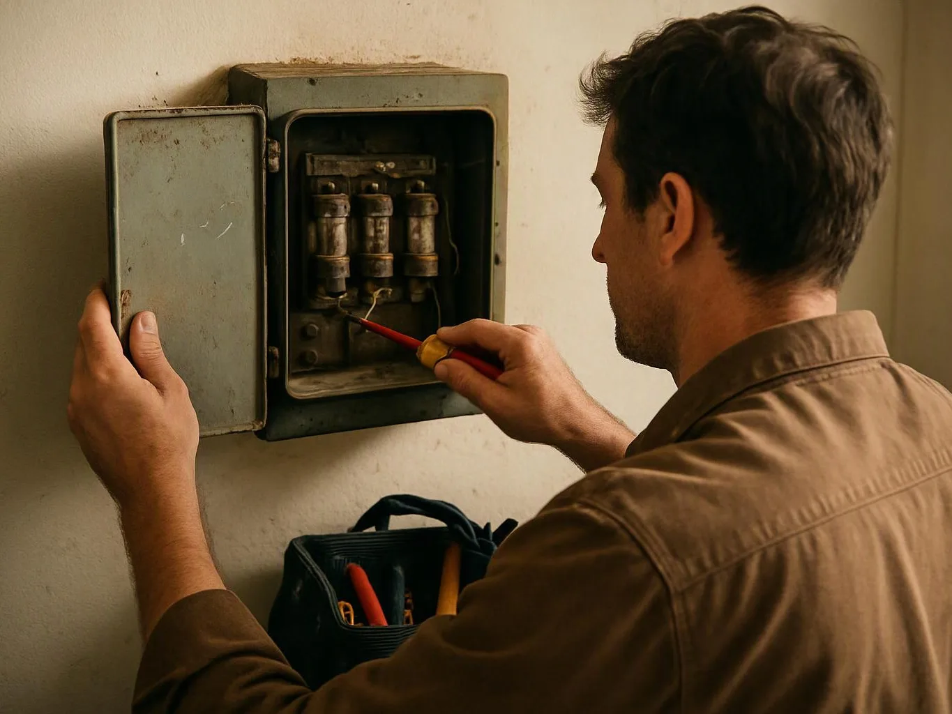 A man uses a screwdriver to inspect an open electrical box on a wall