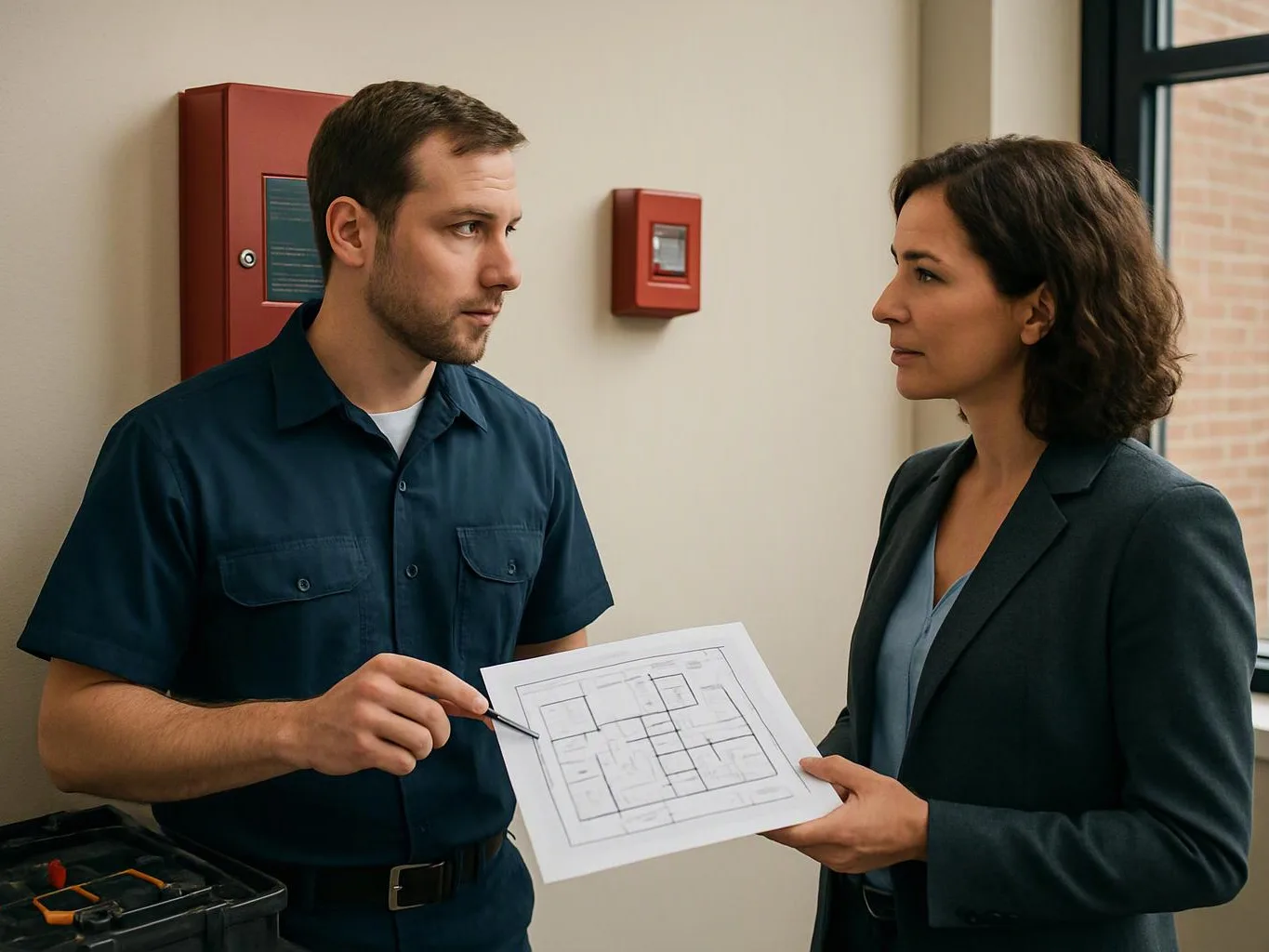A man in a work shirt points at a floor plan while speaking with a woman holding the paper in a hallway