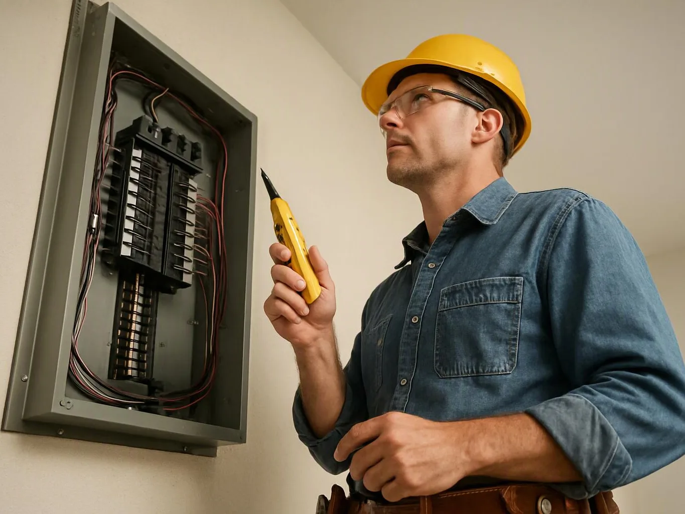 A man in a yellow hard hat inspects an open electrical panel with a tester indoors
