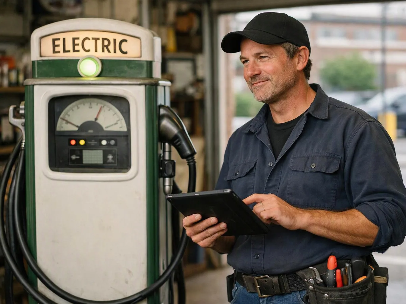 A mechanic stands beside an old electric pump, holding a tablet in a garage workshop