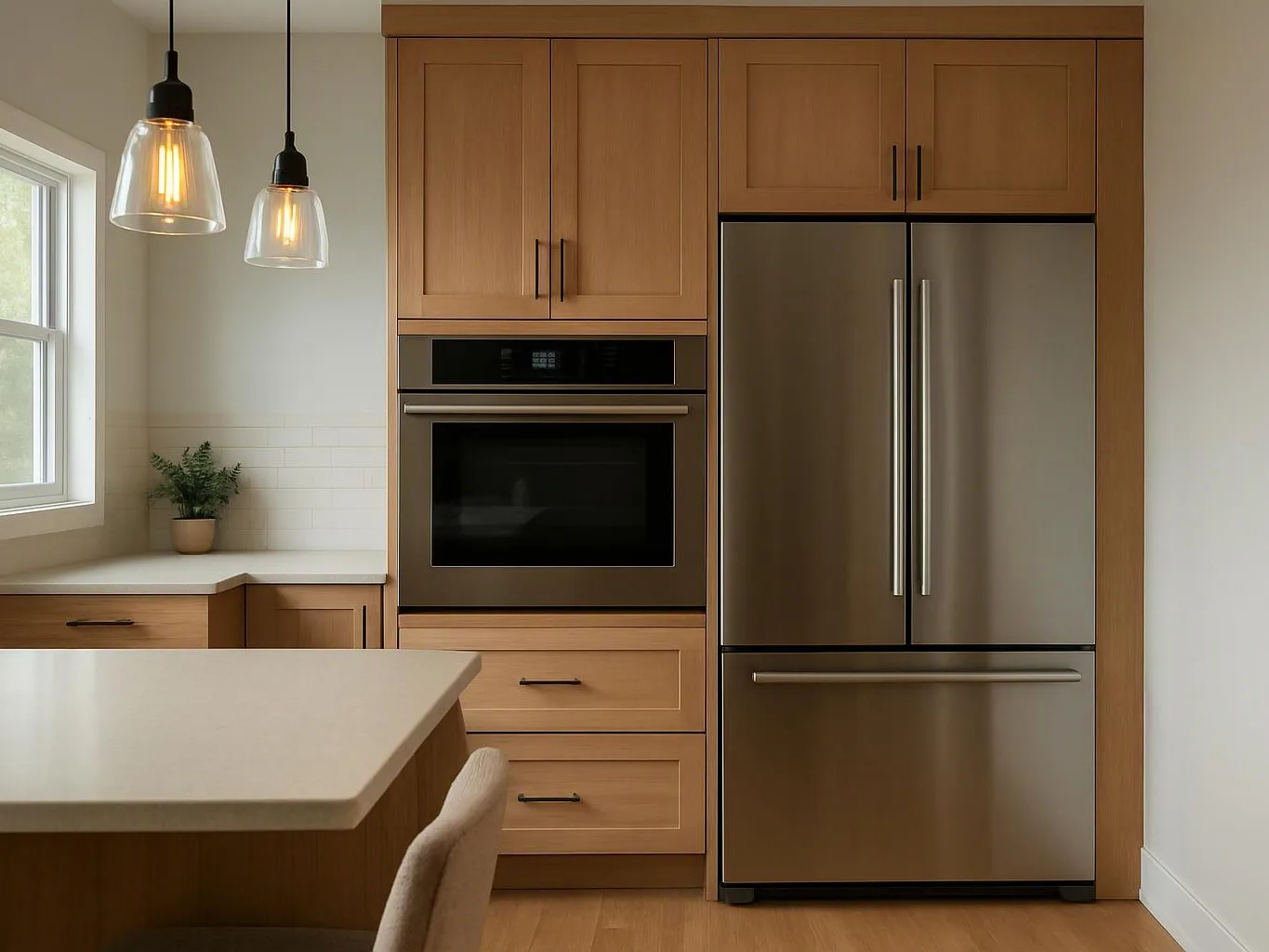 A modern kitchen shows wood cabinets, a stainless steel fridge and oven, pendant lights, and a pale island by the window