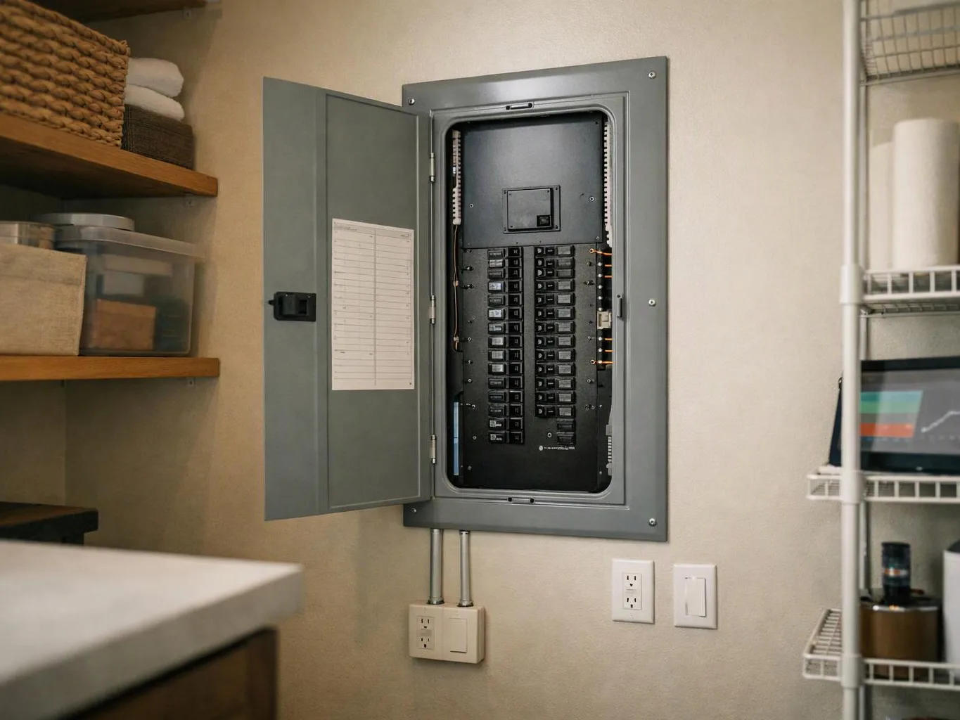 An open electrical breaker panel hangs on a beige wall beside shelves and a countertop in a utility room
