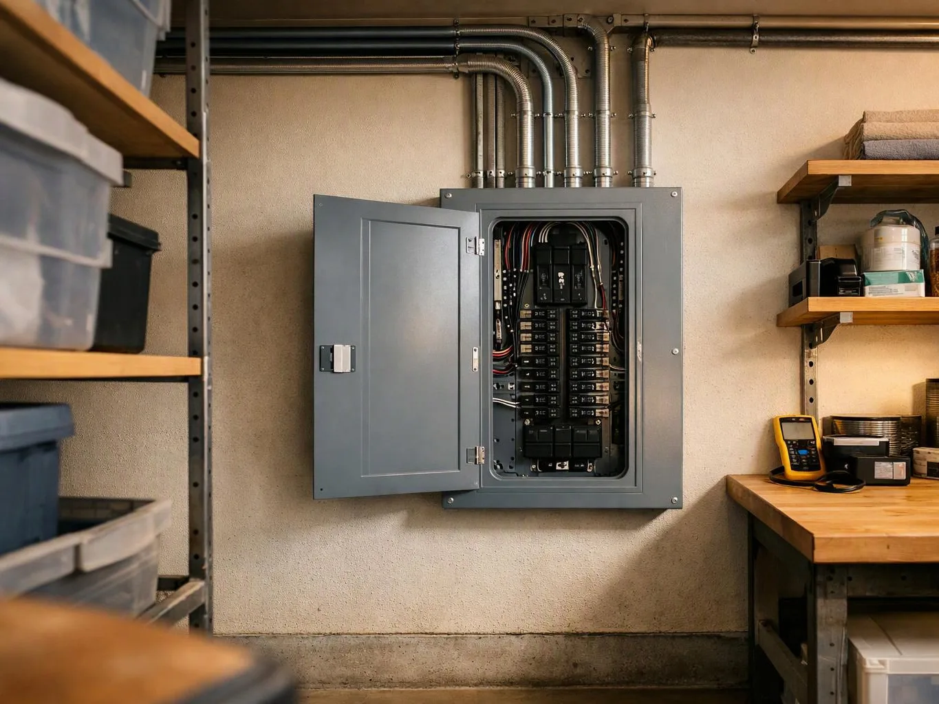 An open electrical breaker panel hangs on a workshop wall, with metal conduit and storage shelves nearby