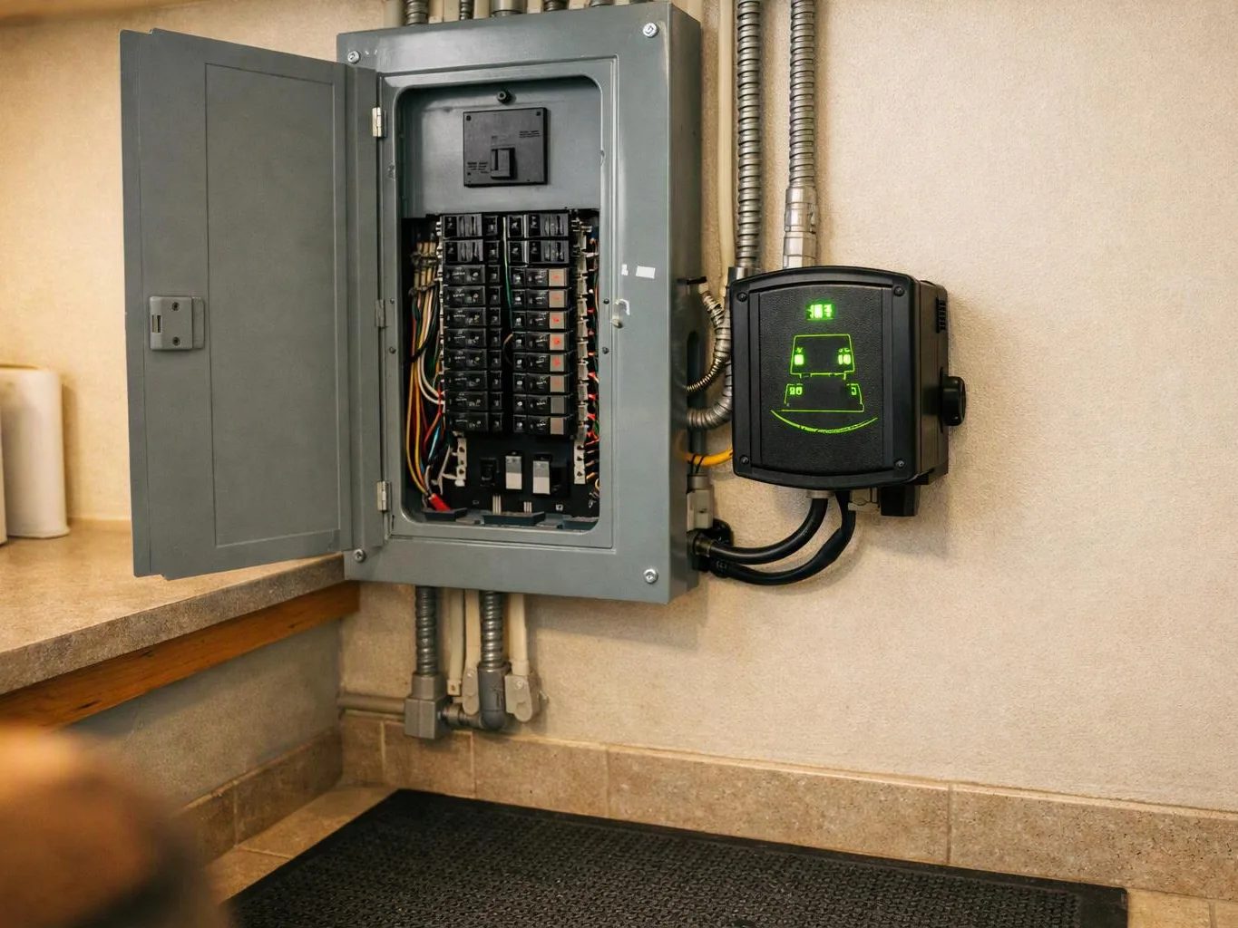 An open electrical breaker panel sits beside a wall-mounted charger with a green glowing display