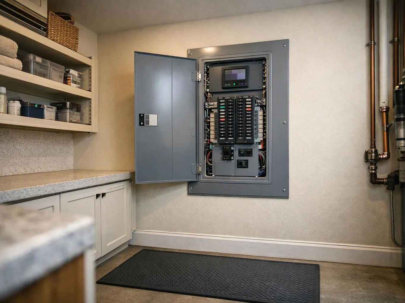 An open electrical panel hangs on a beige utility room wall beside shelves, cabinets, and exposed pipes