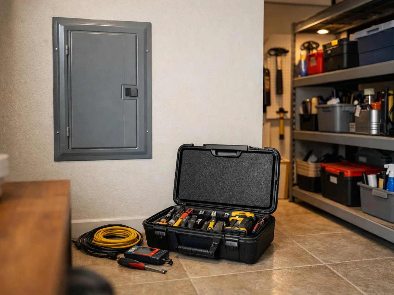 An open tool case sits on the floor beside a wall panel and shelves in a tidy utility room