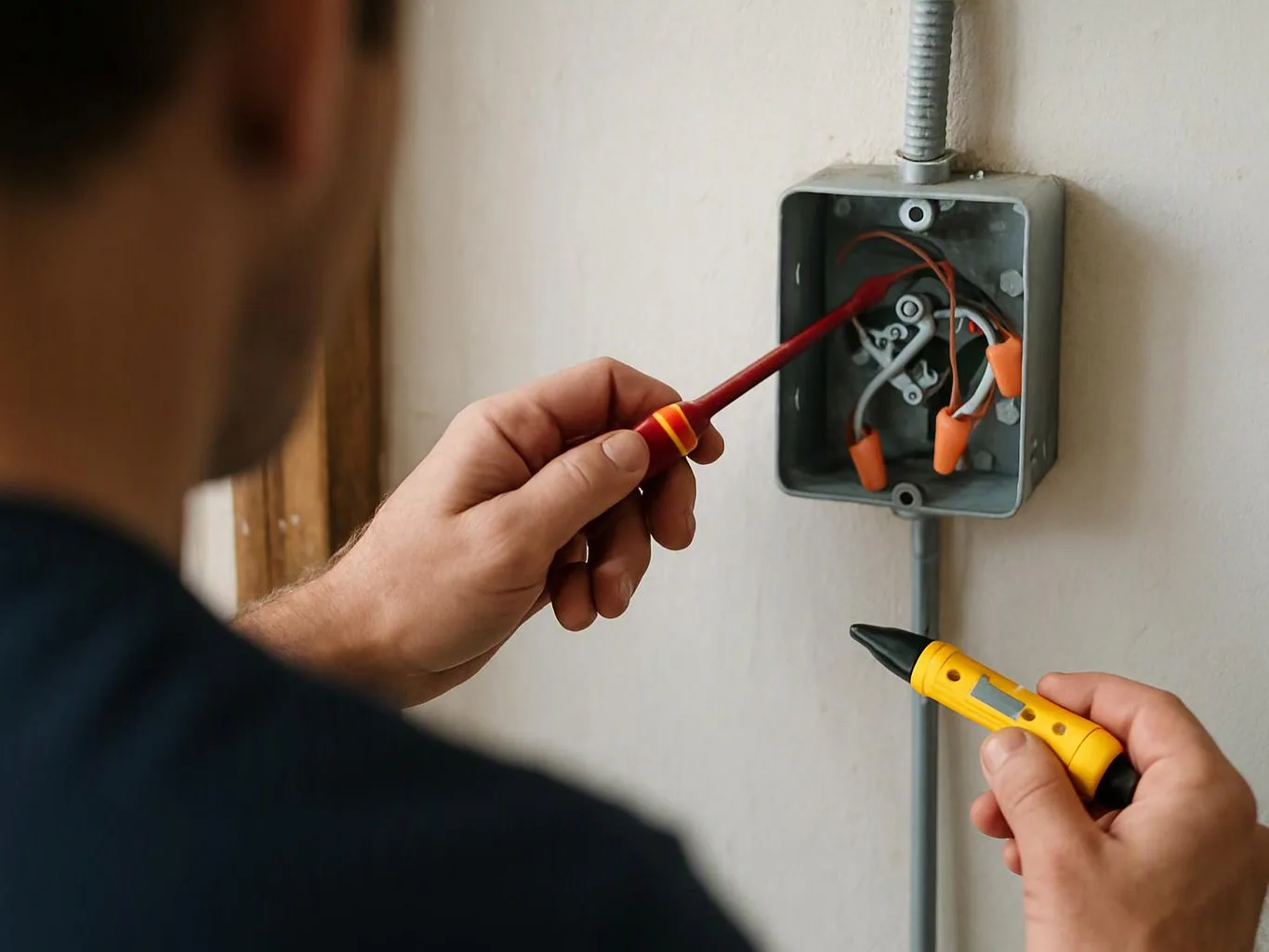 A person checks exposed electrical wiring in a wall box with a red screwdriver and yellow voltage tester