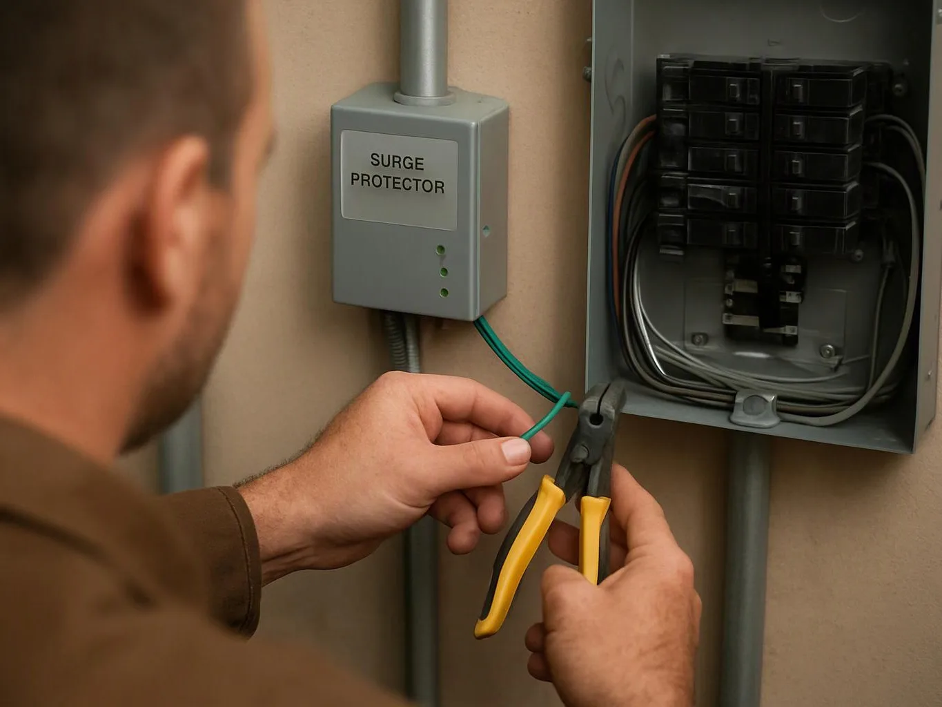A person cuts a green wire beside an open electrical panel and a surge protector box