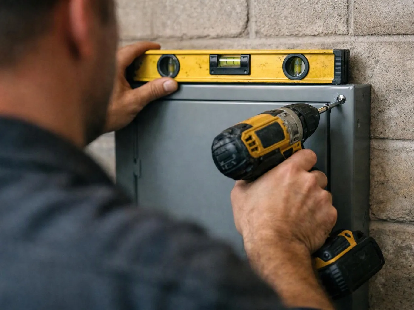 A person drills a screw into a gray metal box while holding a yellow level against a cinder block wall