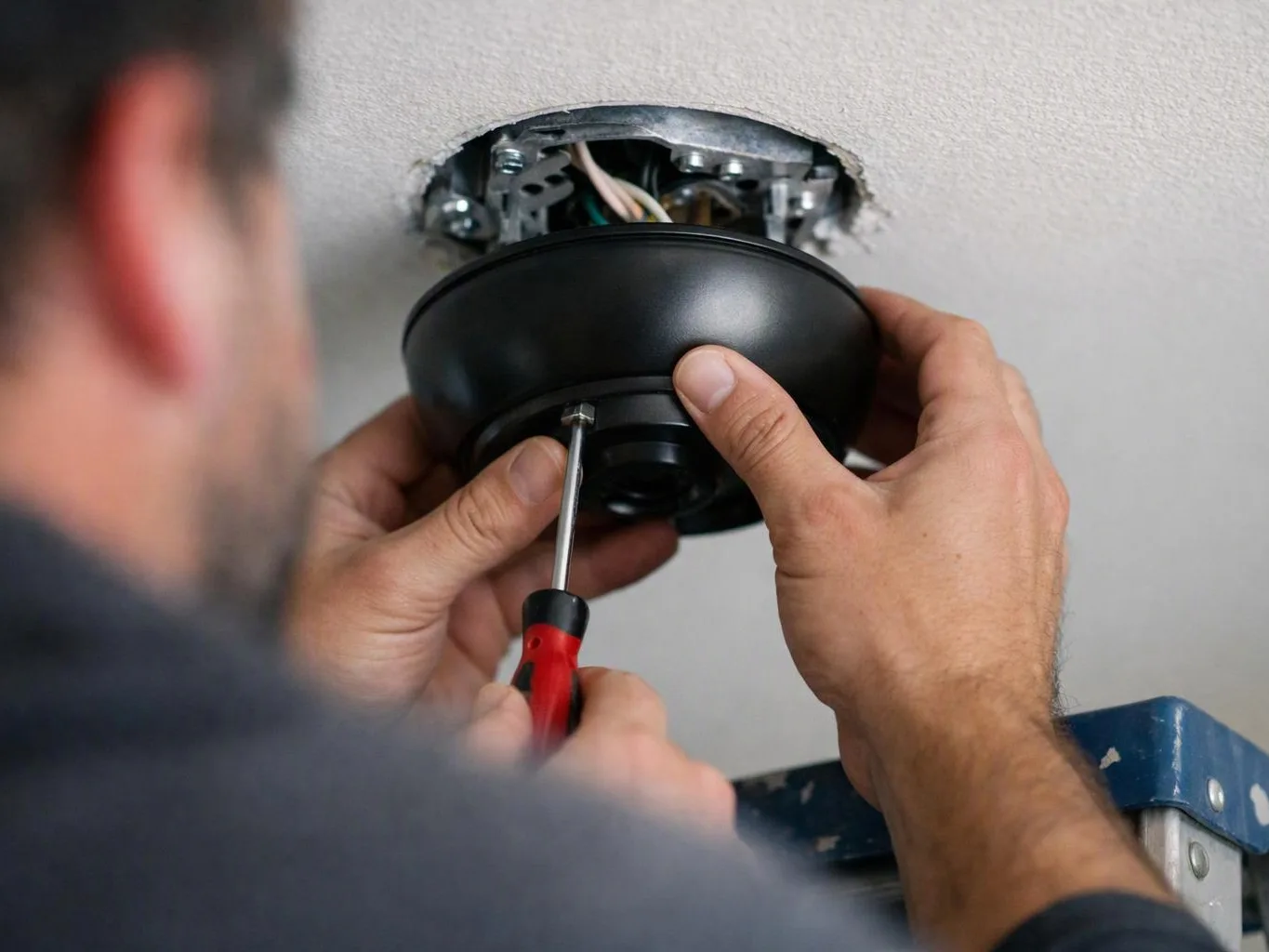 A person installs a black ceiling light fixture with a screwdriver, hands visible near an open electrical box