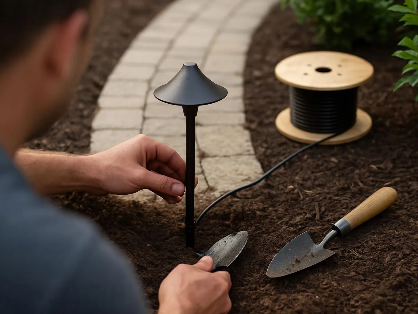 A person installs a small garden light beside a stone path, with tools and wire on the soil