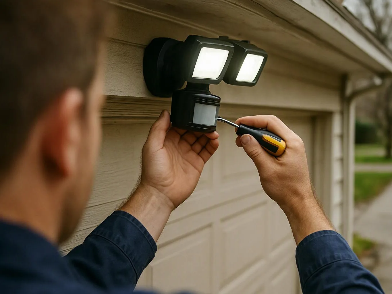 A person installs a twin floodlight motion sensor on a garage wall with a screwdriver