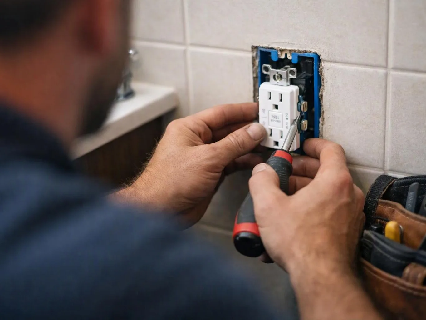 A person installs a wall outlet with a screwdriver against white tiled bathroom walls