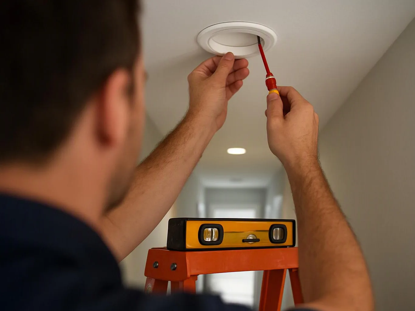 A person on a ladder adjusts a recessed ceiling light with a screwdriver in a hallway