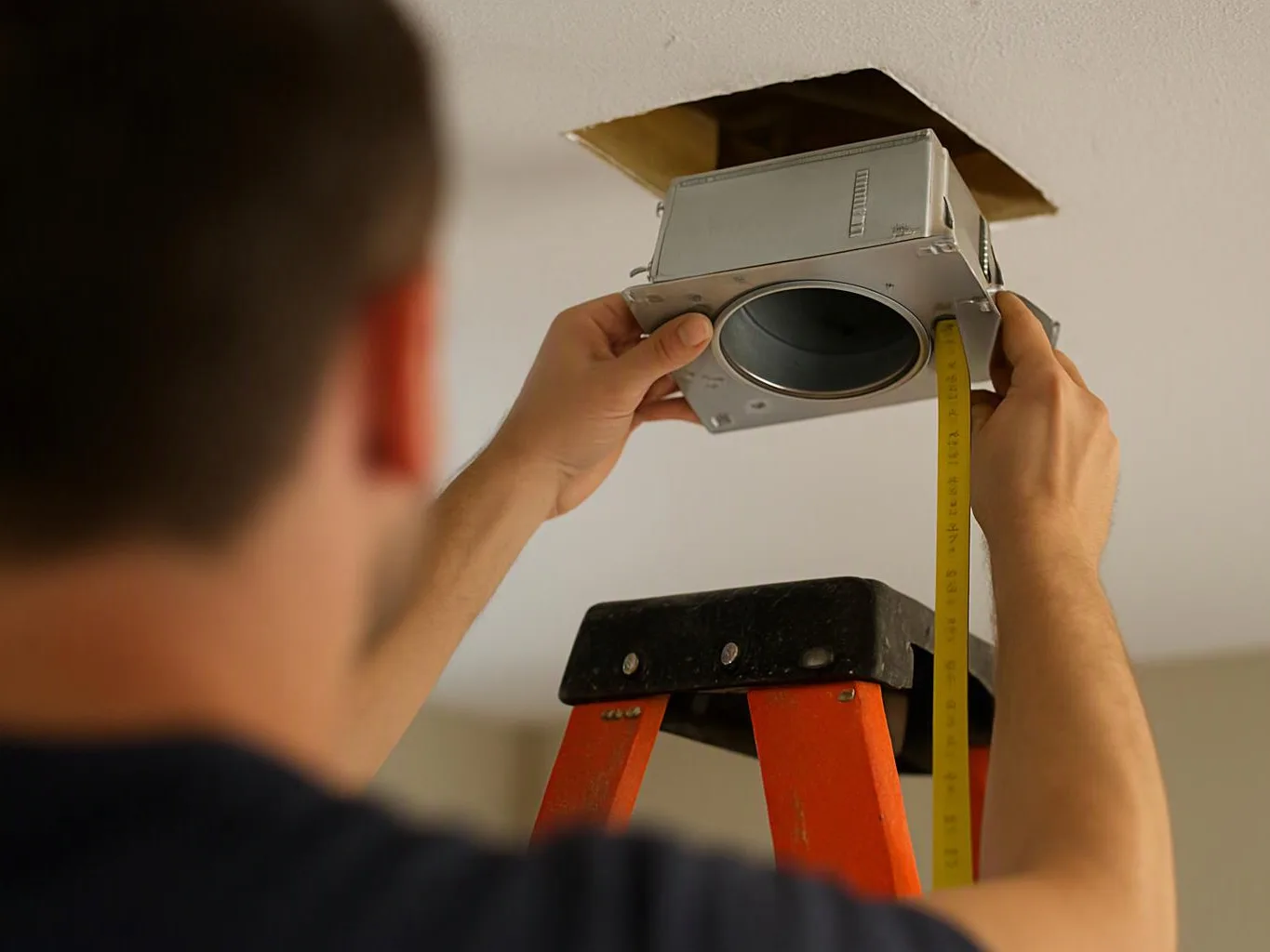 A person on a ladder holds a recessed ceiling light fixture and measures it near an open ceiling hole