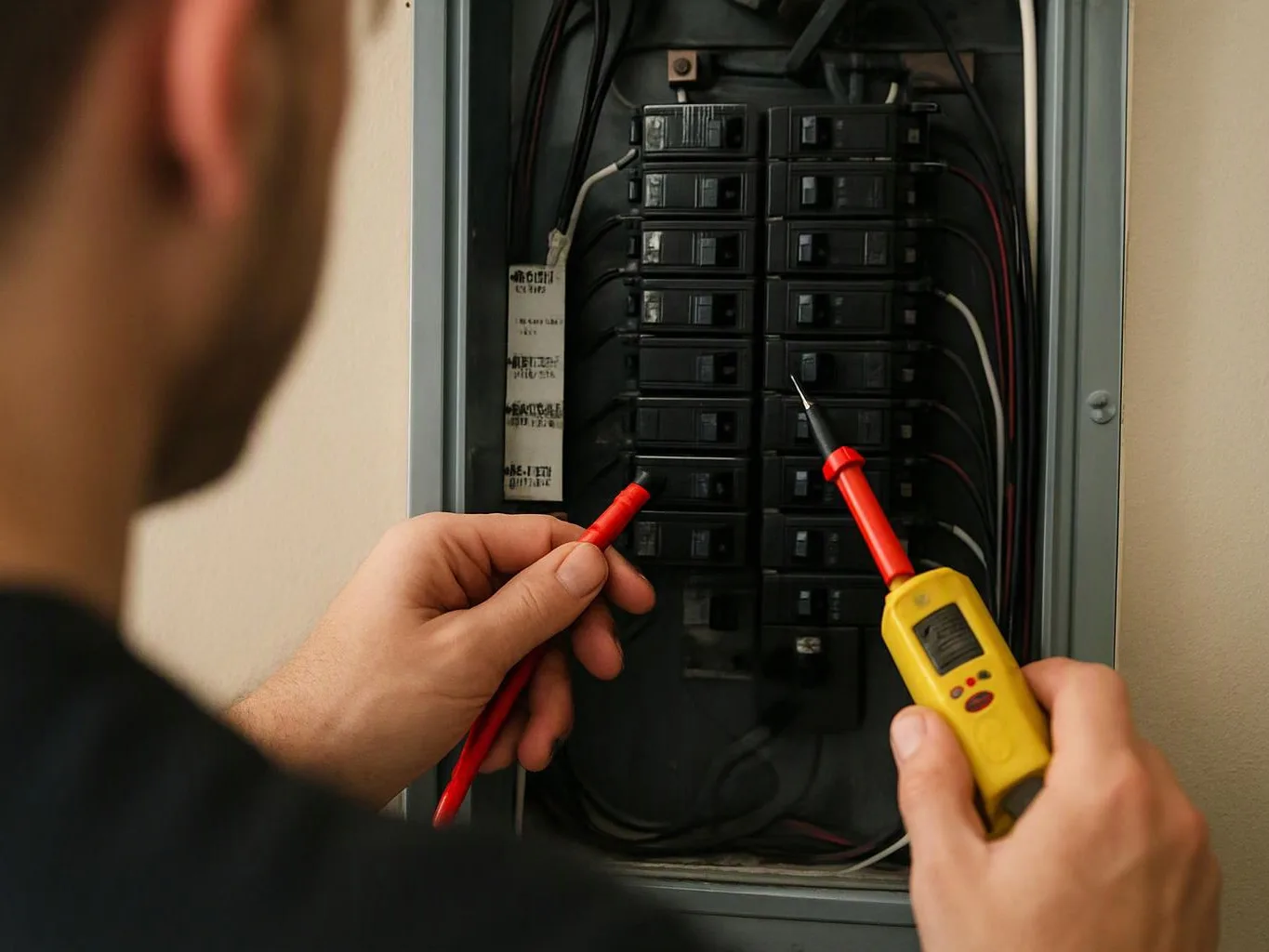 A person tests an electrical breaker panel with probes inside a wall cabinet