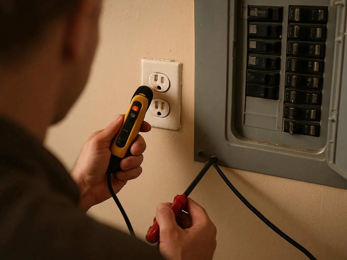 A person tests a wall outlet with a voltage tester beside an open electrical panel indoors