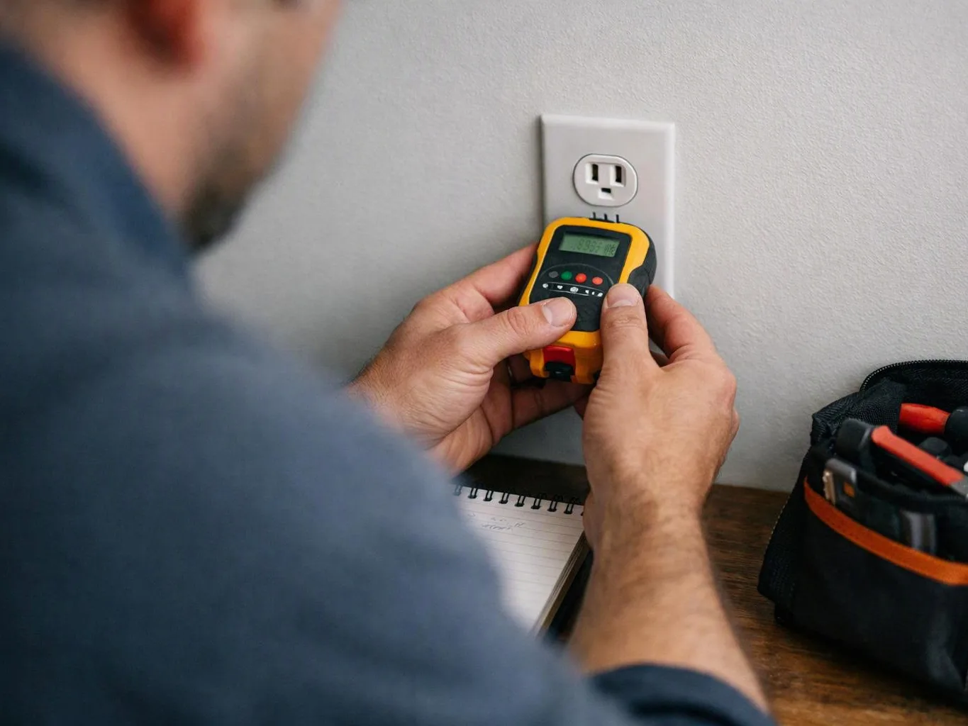 A person tests a wall outlet with a yellow handheld meter beside a notebook and tool bag