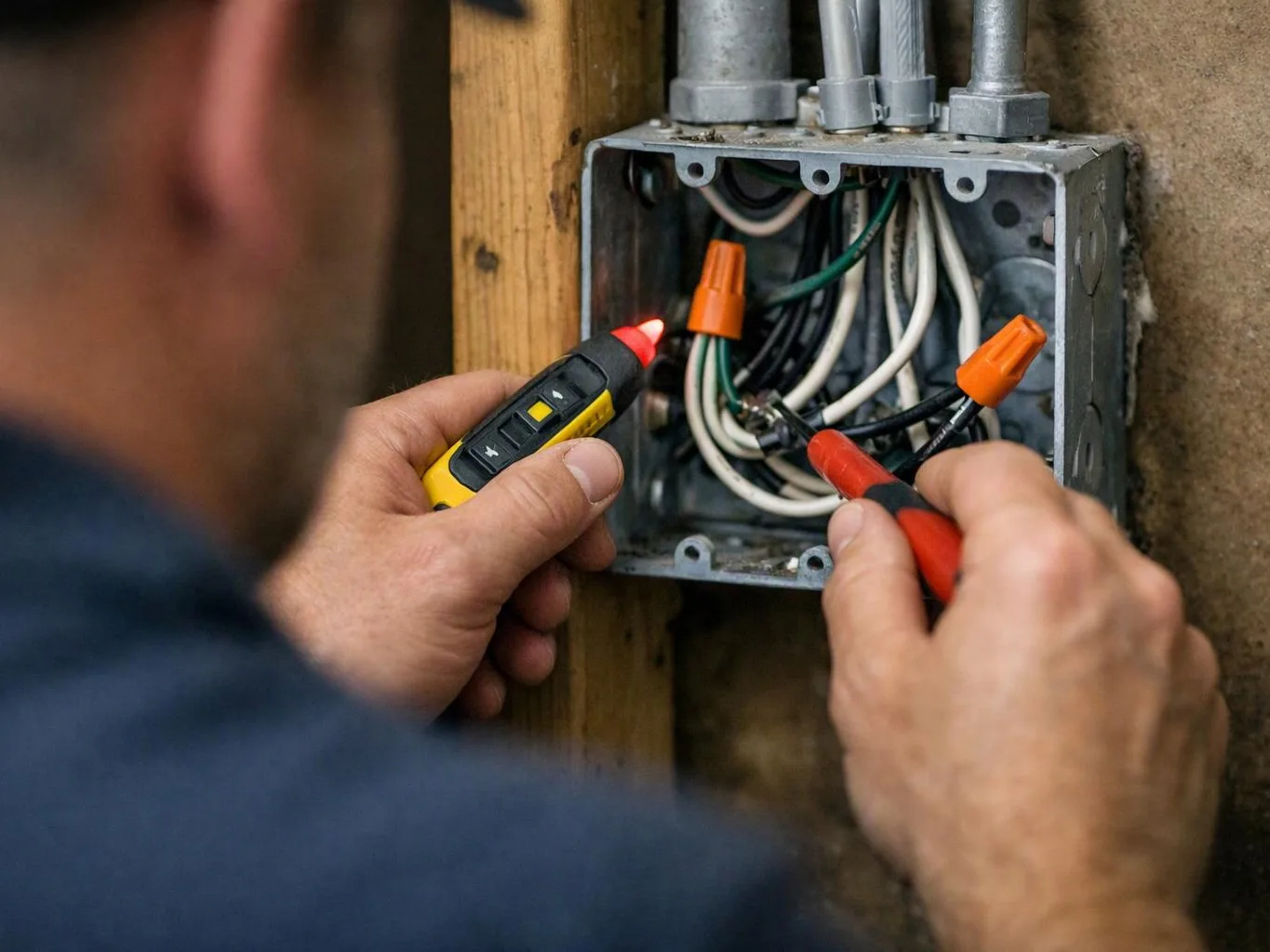 A person tests wires inside an open electrical box with two hand tools