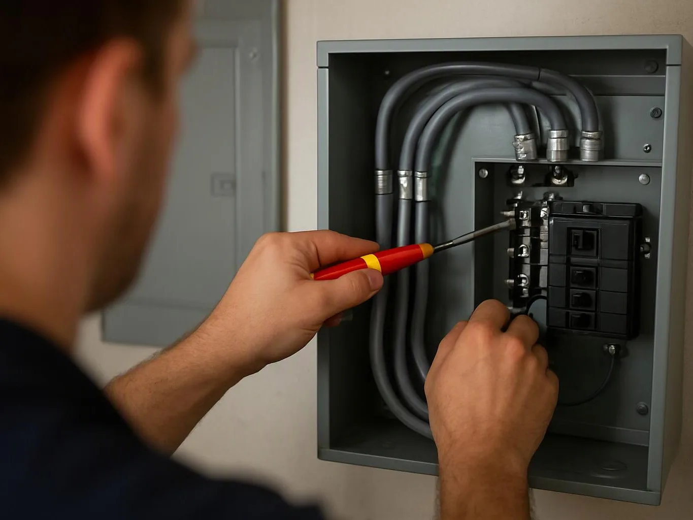 A person uses a screwdriver to adjust wiring inside an open electrical breaker box