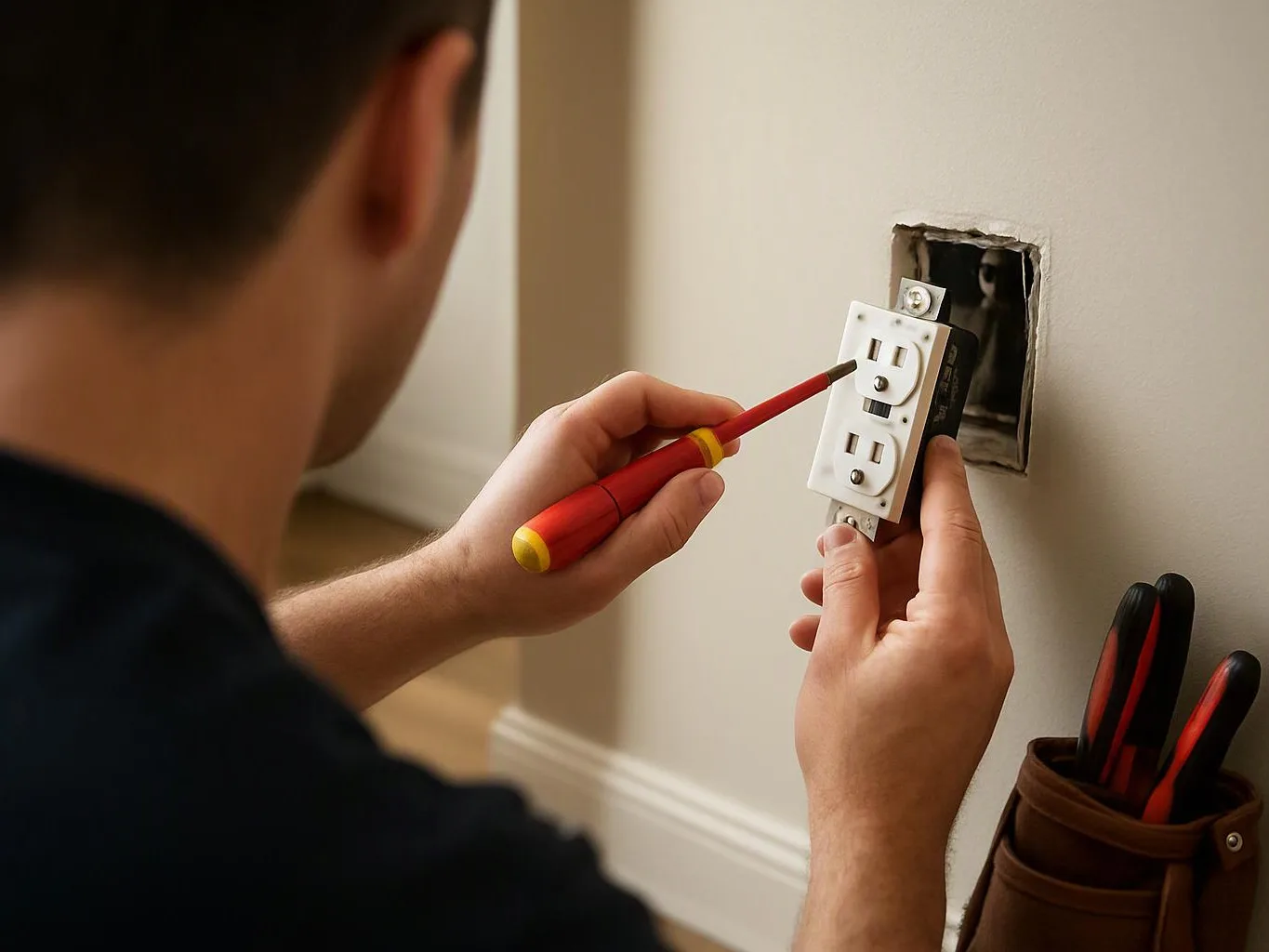 A person uses a screwdriver to install a wall electrical outlet near an open outlet box
