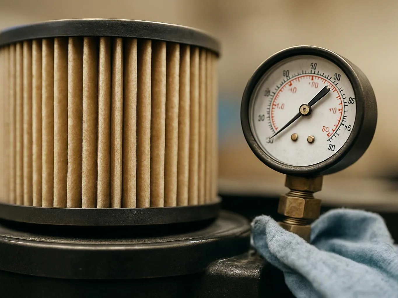 A pleated cylindrical filter sits beside a pressure gauge on a dark machine, with a blue cloth in front