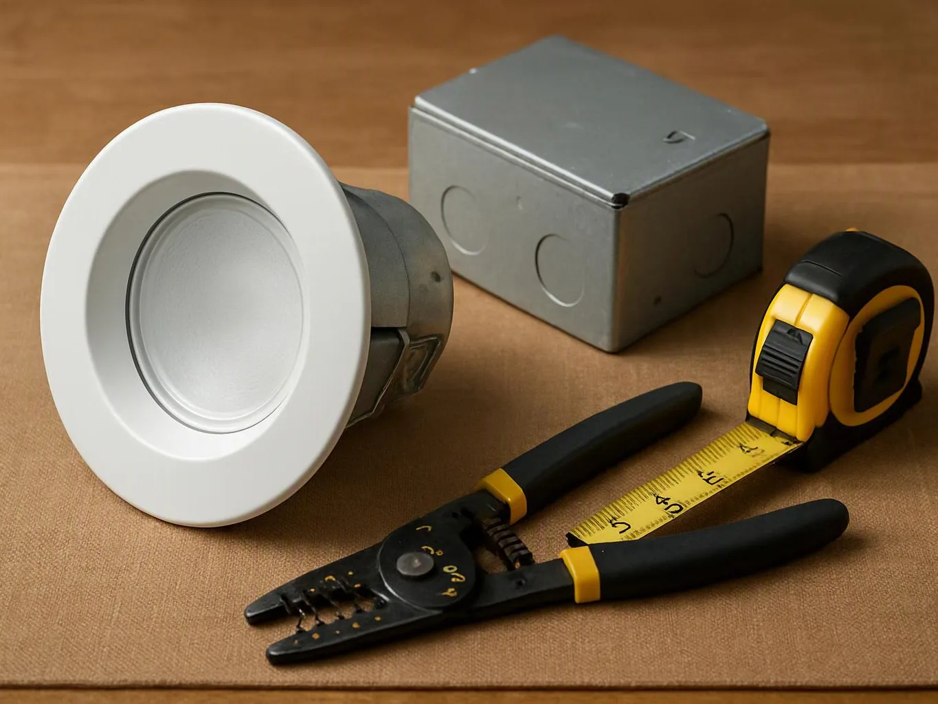 A recessed light fixture, metal electrical box, measuring tape, and wire stripper sit on a brown surface