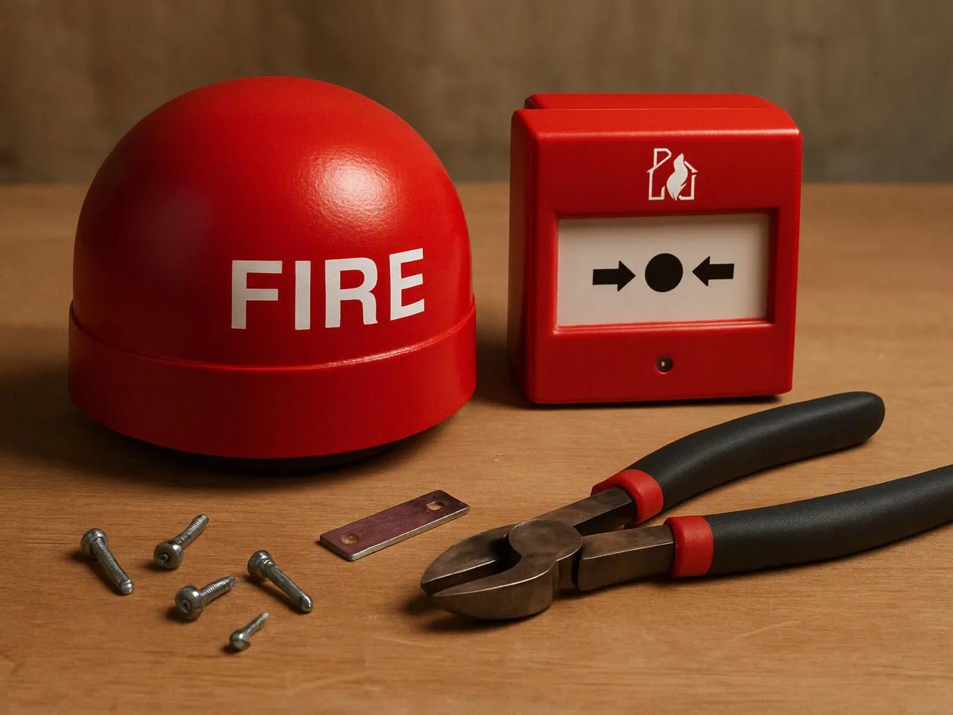 A red fire alarm dome, call point, pliers, screws, and a small metal plate sit on a wooden table