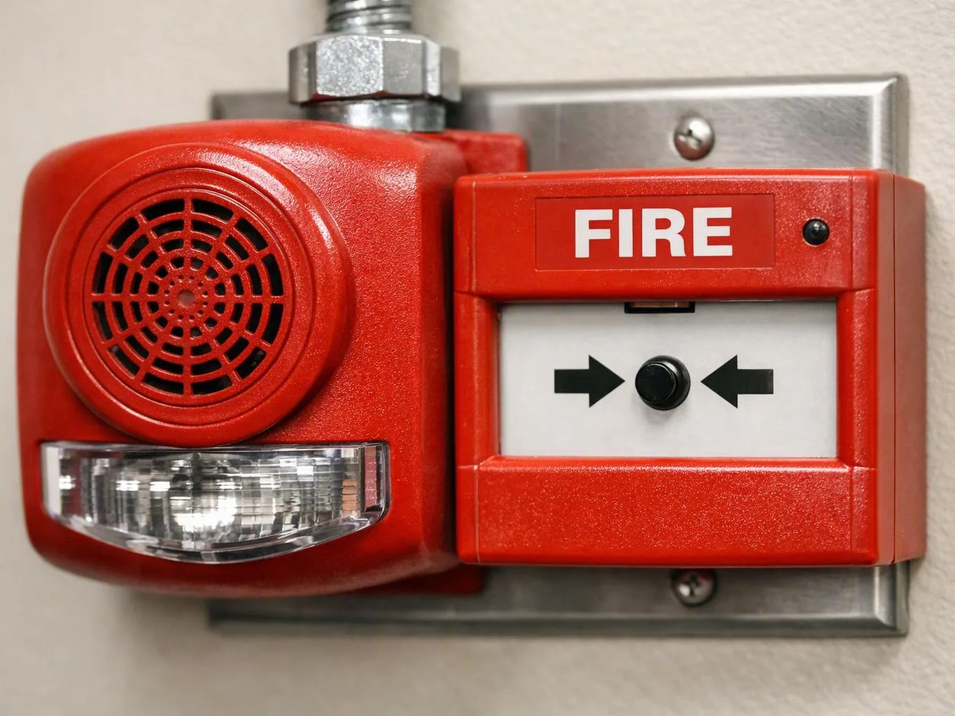 A red fire alarm and pull station mounted on a beige wall with a metal plate behind it
