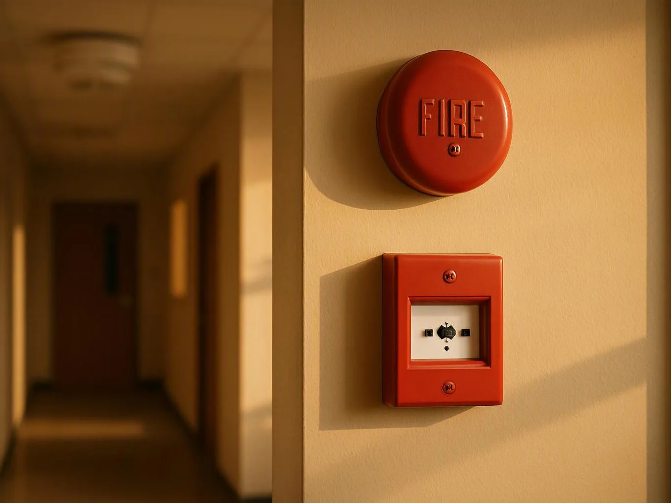 A red fire alarm and wall switch box hang on a beige hallway wall