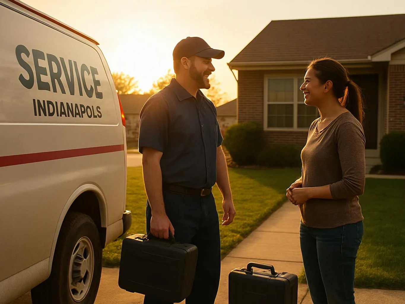 A service van is parked by a house while two smiling adults talk on the sidewalk at sunset