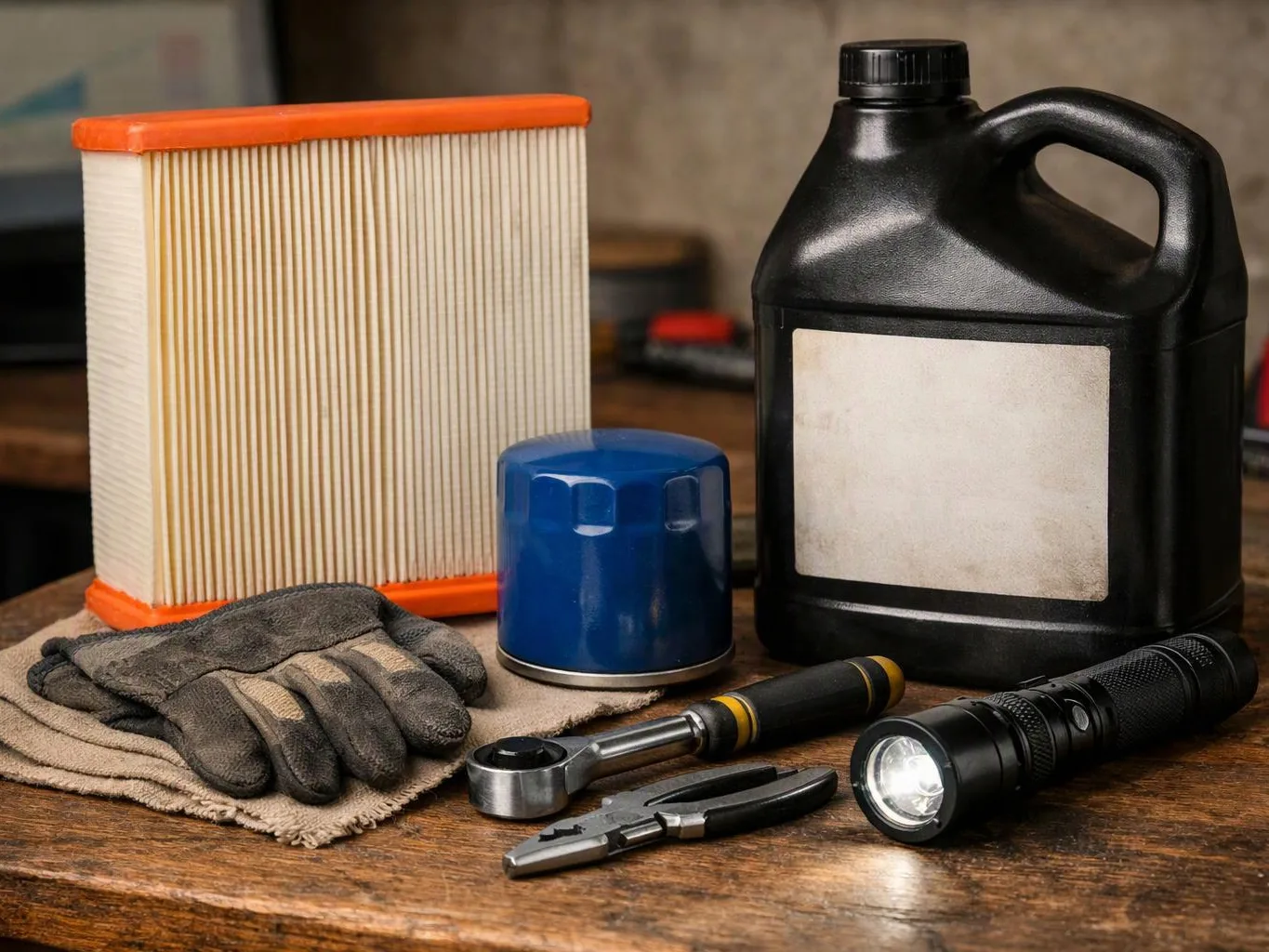 A set of workshop supplies sits on a wooden table, including a filter, oil jug, gloves, tools, and a flashlight