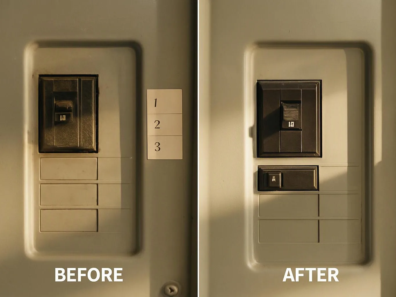 Side-by-side before and after of an electrical breaker panel with a numbered label strip and exposed switches