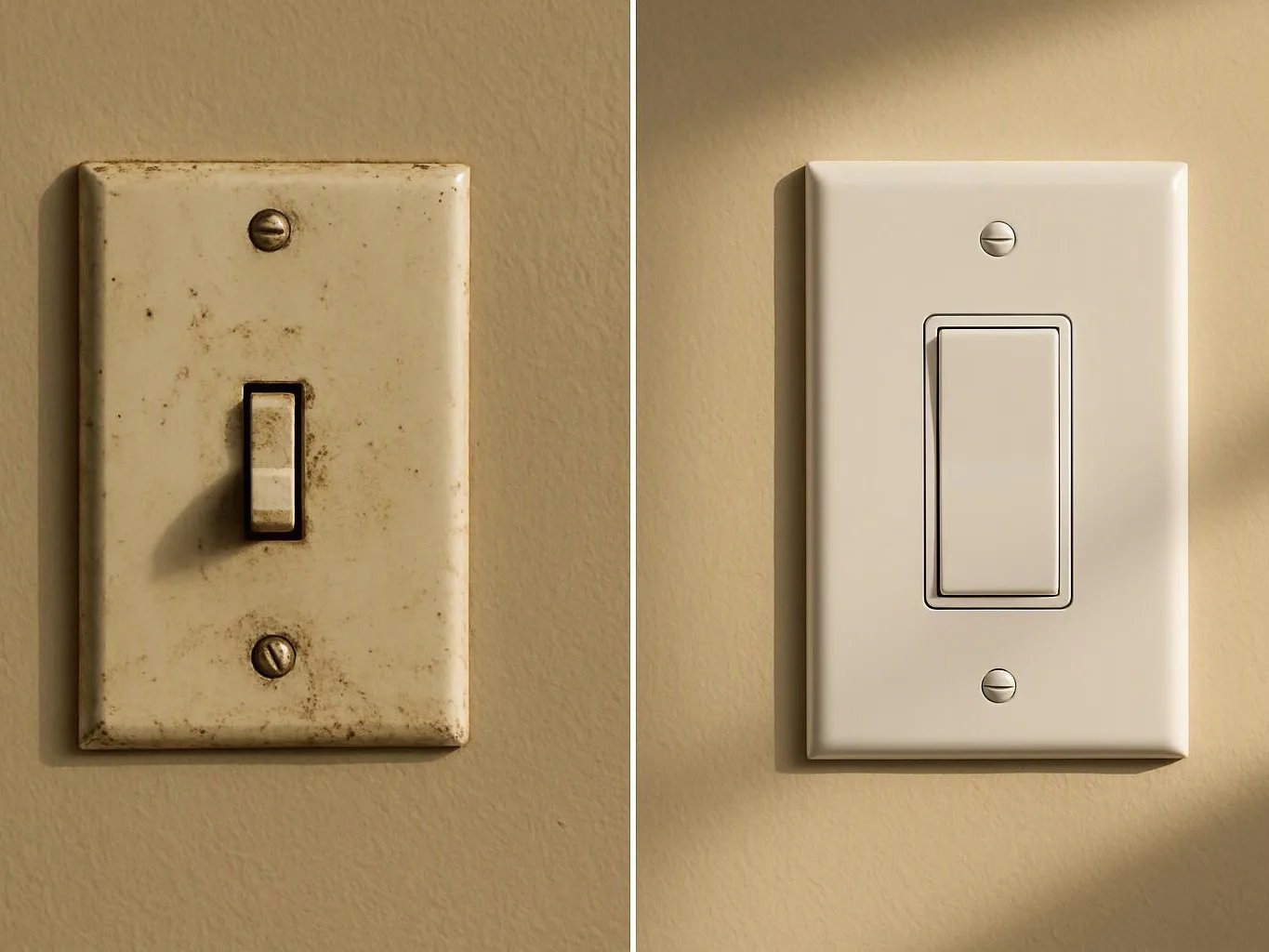 Side by side, a dirty old light switch and a clean new switch sit on beige walls