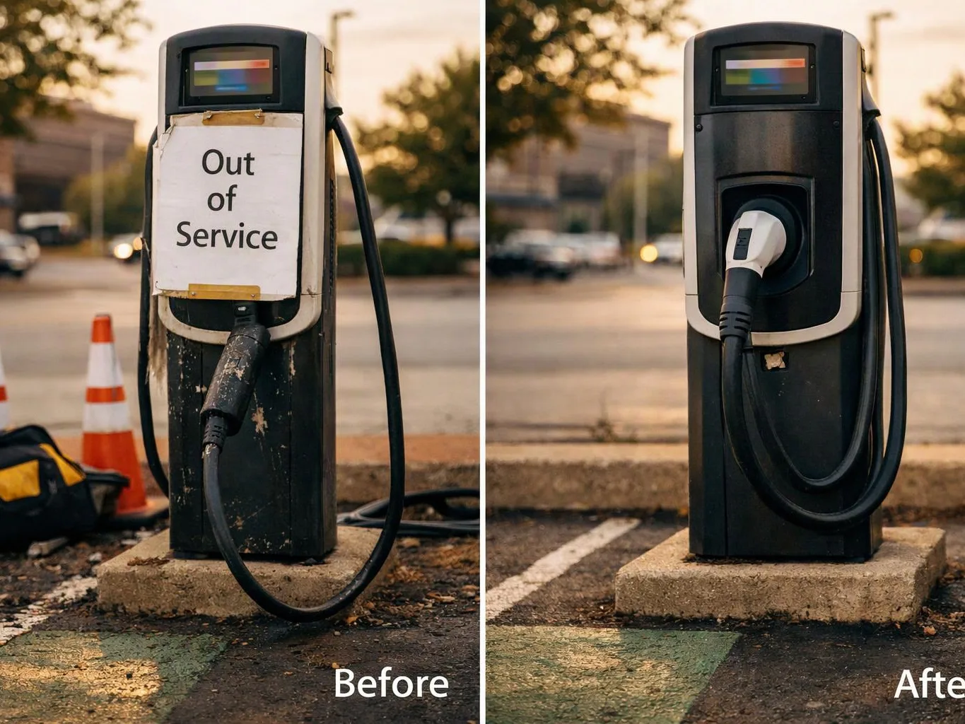 Side-by-side view shows a worn charging station with an “Out of Service” sign before repair and a plugged-in unit after repair