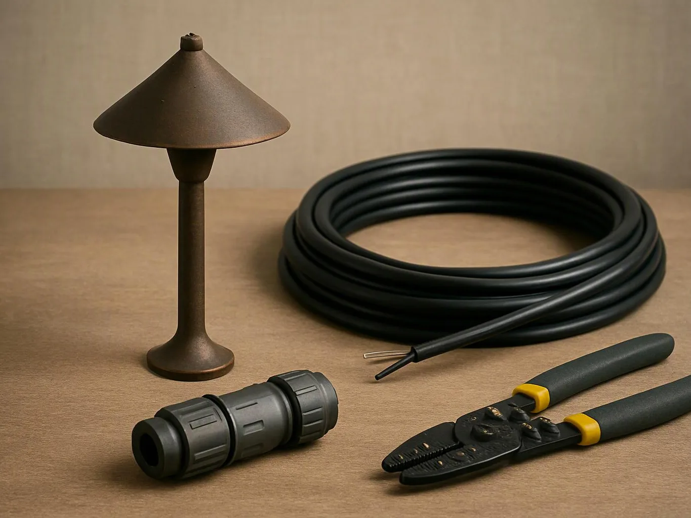 A small metal garden lamp, coiled black cable, connector, and wire crimping tool sit on a plain tabletop