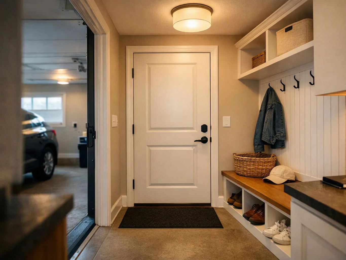 A small mudroom shows a white door, bench with shoes and basket, and an open garage doorway